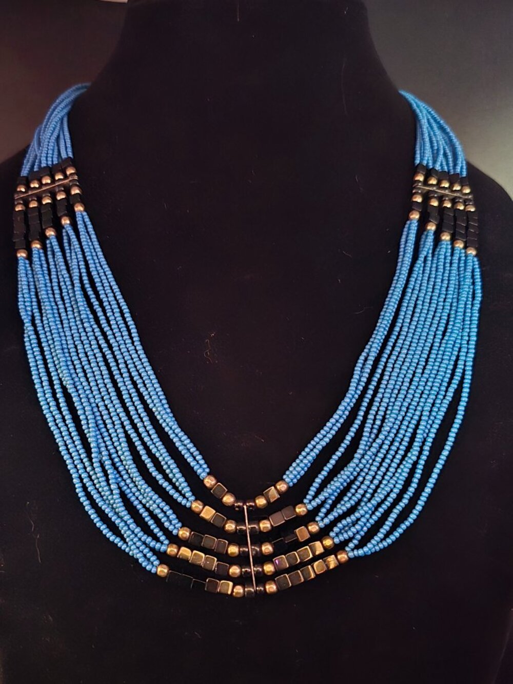 Vintage Navajo Blue Turquoise Seed Bead, Onyx and Sterling 15 Strand Necklace - Picture 1 of 3